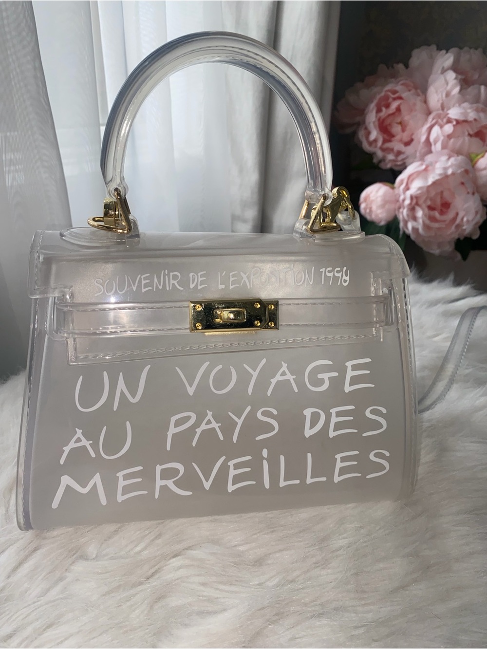 Azura The Label Clear White Transparent Bag with Gold Hardware top handle/cross